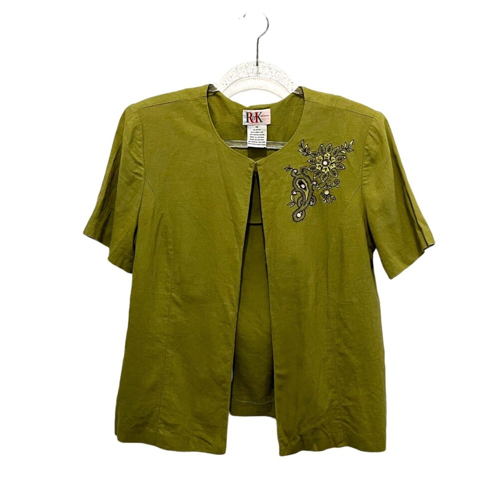 Linen Blend Jacket Vintage Women's Floral Embroidered Short Sleeve Light Size 10